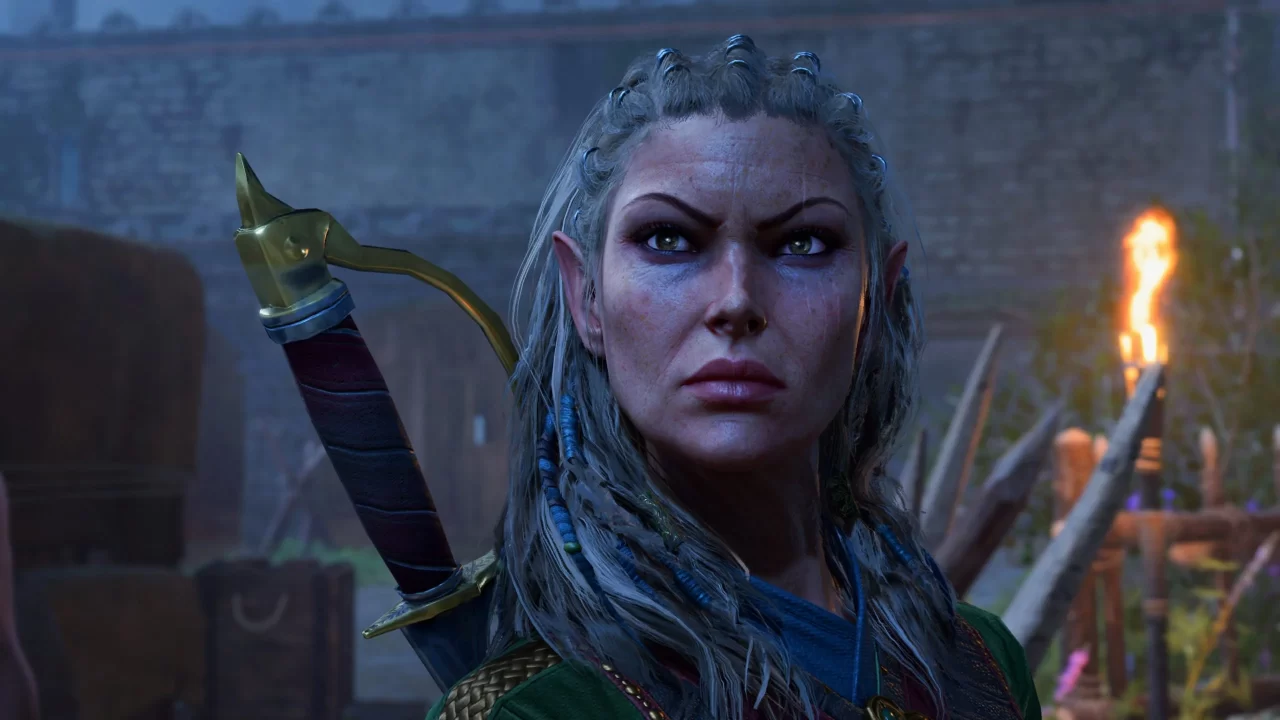 A close up screenshot of a woman with gray hair and braids staring off into the distance in baldur's gate 3