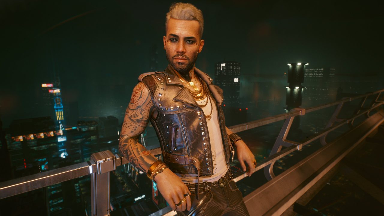 A screenshot of a man leaning against a railing on a highway with a leather jacket at night in Cyberpunk 2077