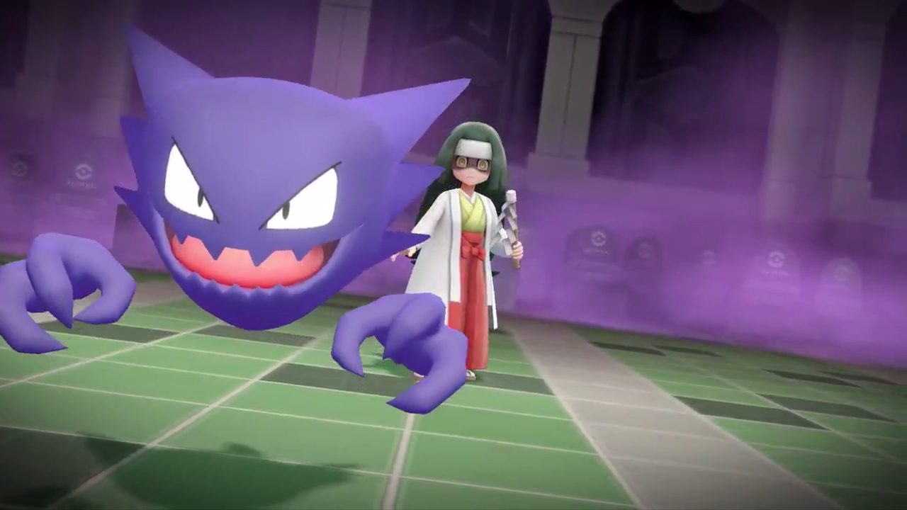 A screenshot from Pokemon: Let's Go! Pikachu and Let's Go! Eevee of a Hex Maniac inside Lavender Tower, a key location of Lavender Town. She is using a Haunter, a puprple Ghost-type Pokemon, and is surrounded by purple smoke and standing on green tiled flooring.