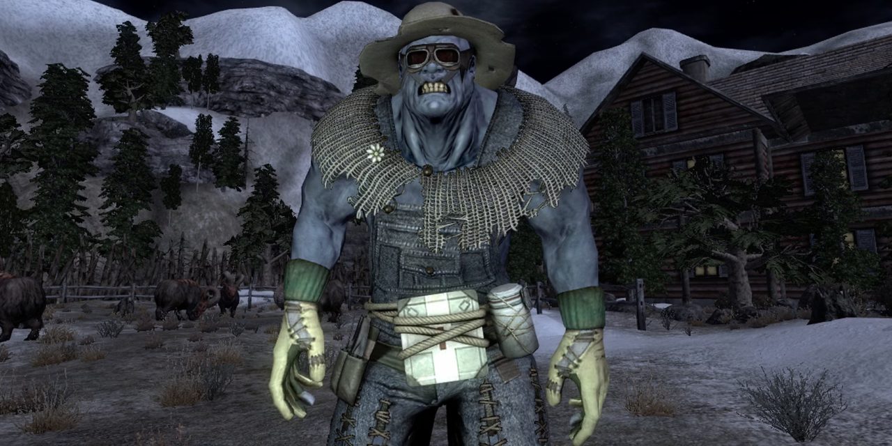 The nightkin Lily Bowen in Fallout New Vegas, a large, muscular, blue-skinned woman in farmer's clothing.