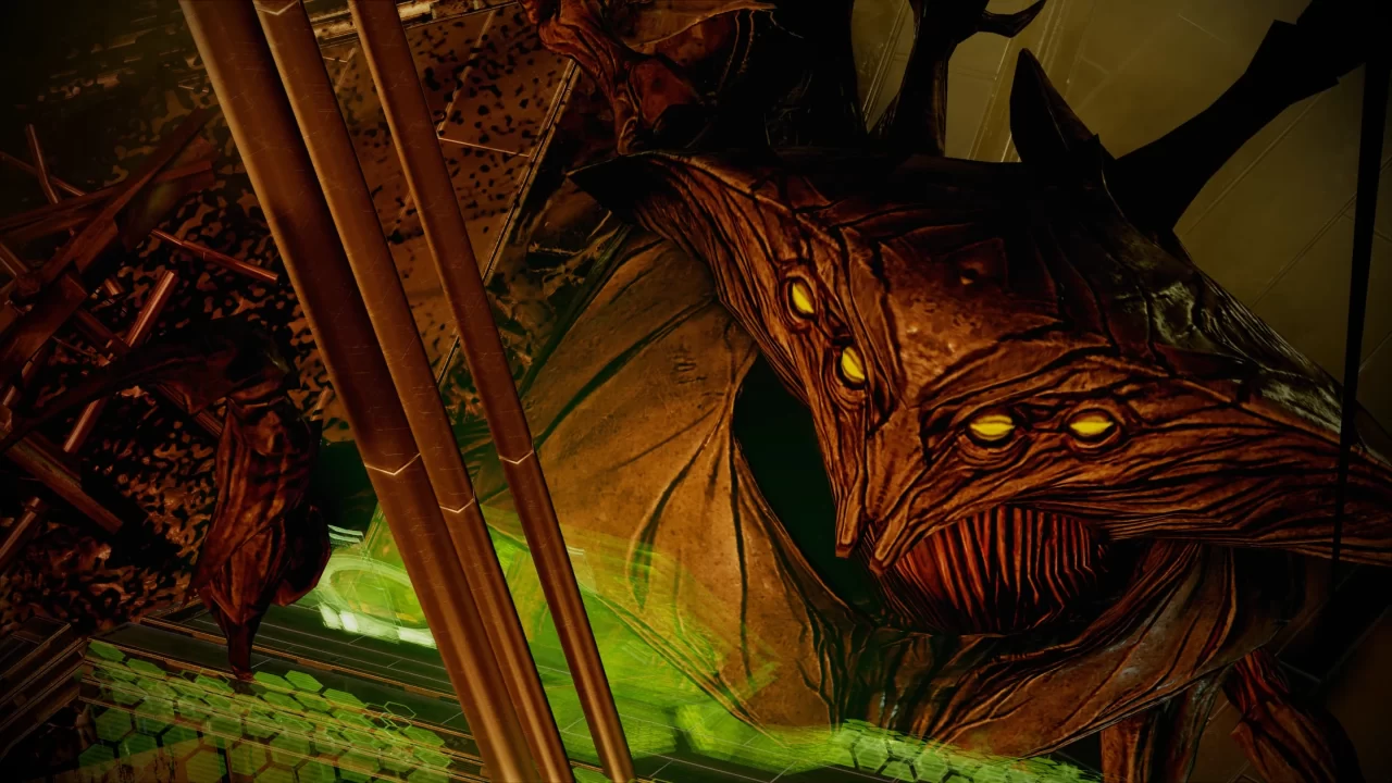 A screenshot from Mass Effect 2 showing a close-up of a Collector, the villainous race of the game, emerging from neon green-looking clouds and lights.