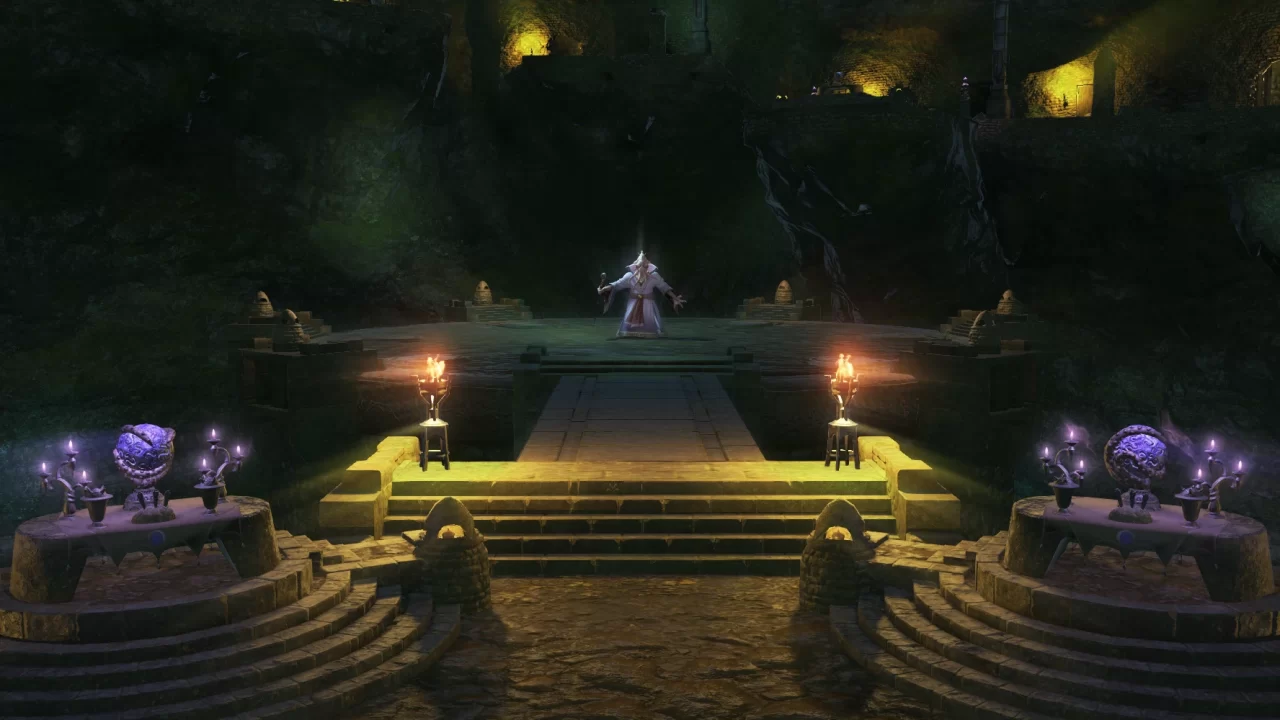 A screenshot of the final boss of Tam-Rara Deepcroft in Final Fantasy XIV: A Realm Reborn. There are two purple orbs and two torches either side of the bridge leading to the boss, which holds a staff.
