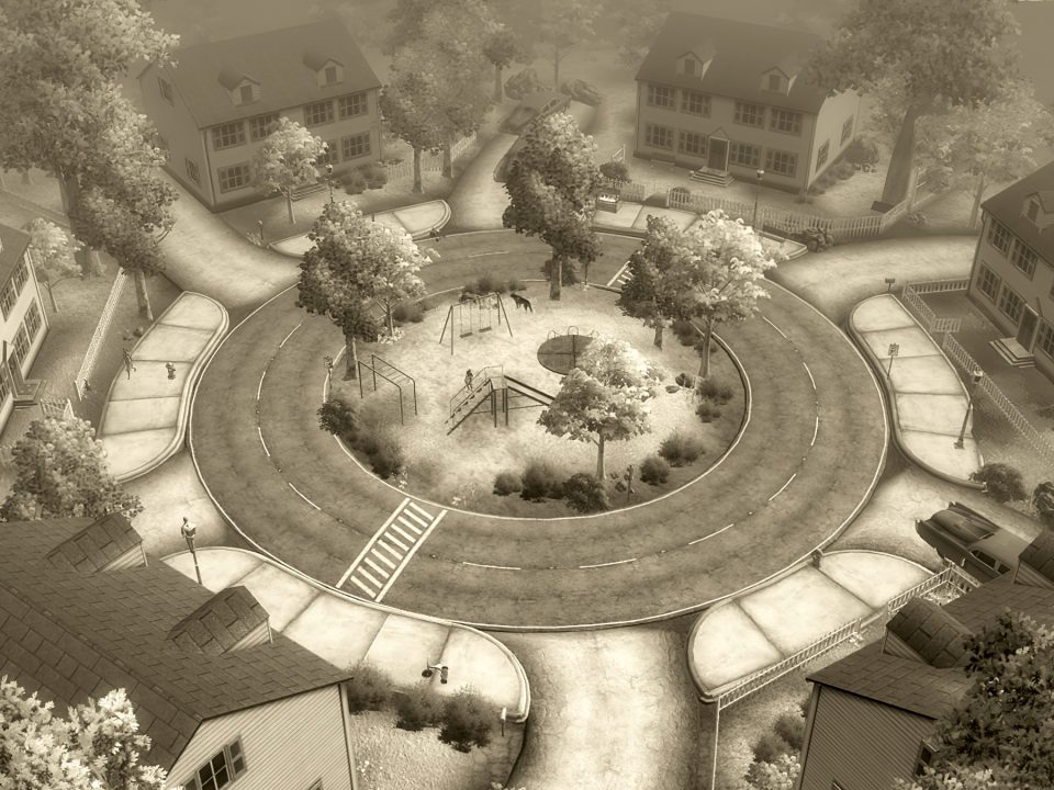 A sepia shot of Tranqulity Lane, a simulation town from Fallout 3. In the centre is a park, and the road is like a roundabout surrounding the apparatus. Houses cirlce the road, too.