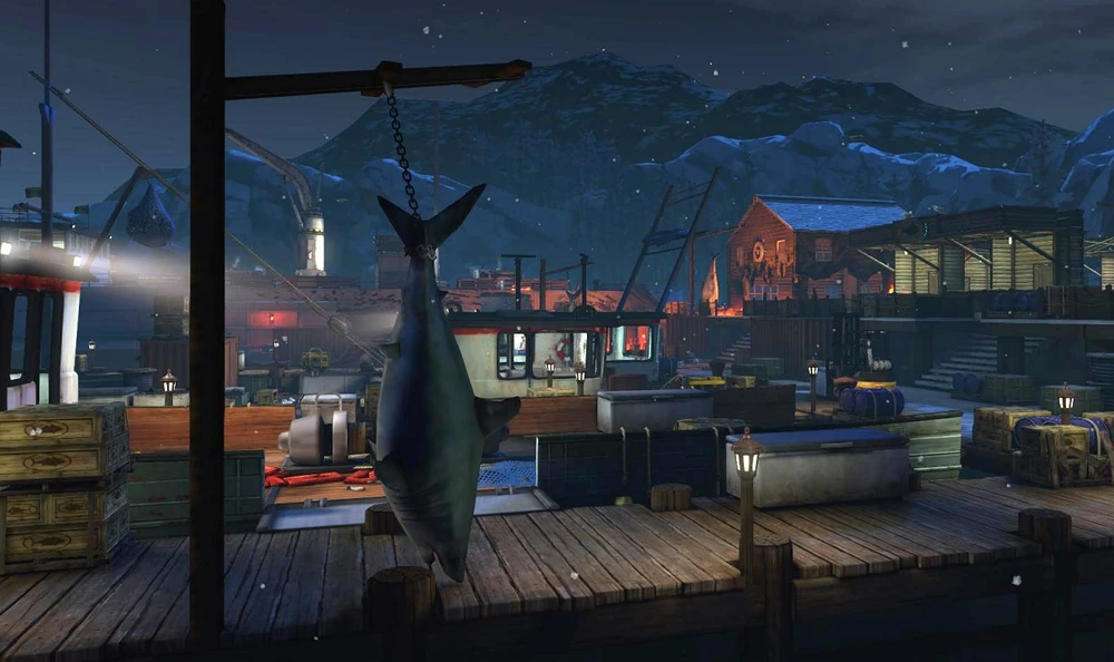 A screenshot from XCOM: Enemy Within, the expanson to Enemy Unknown, of a wharf and docks, known as Site Recon. The docks are full of boats and boathouses,