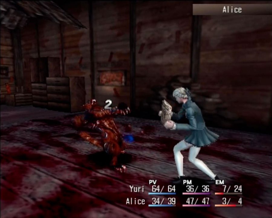 A screenshot of Alice Elliot fighting a demonic cat in a room soaked in blood in Shadow Hearts, which is part of the Zhaoyang Village.