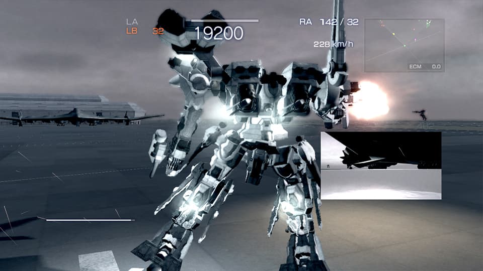 Armored Core 4 Screenshot of a large robot in combat in an airport setting with stats and a radar-like map along the top.
