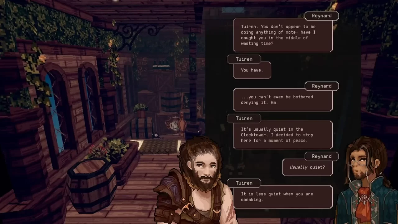 Delphinium screenshot of two men having a conversation inside a Medieval-style building.