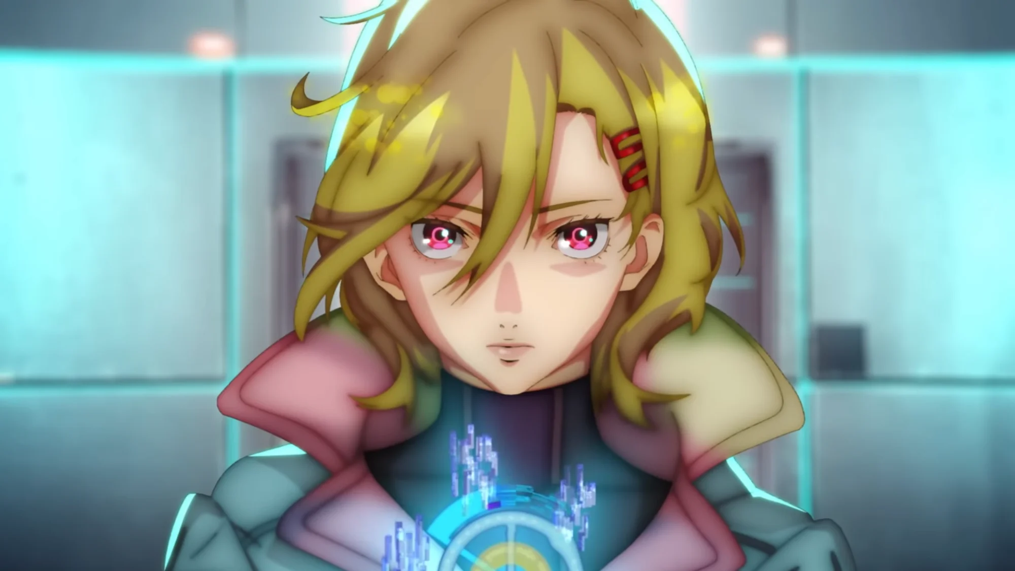 A blonde person stares intensely forward in the Gnosia anime adaptation.