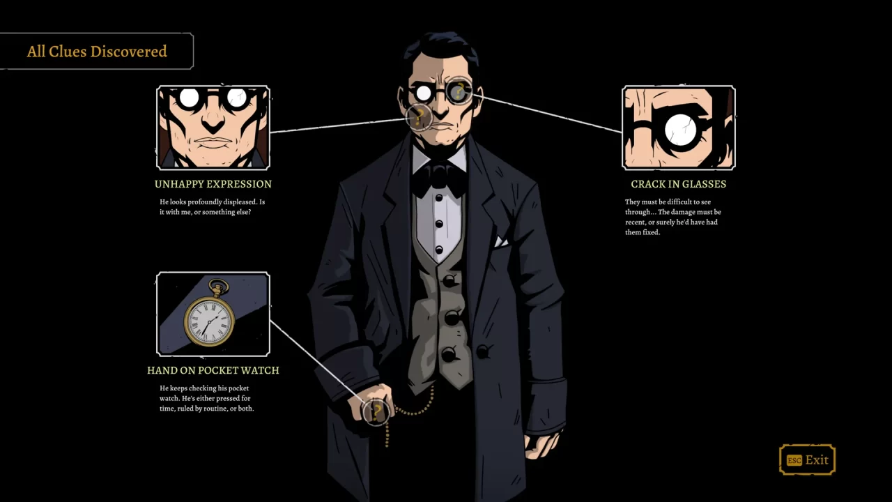The Seance of Blake Manor screenshot of the player analyzing Mr. Varley, learning three clues about him: his cracked glasses, unhappy expression, and a pocket watch he keeps a hand on.