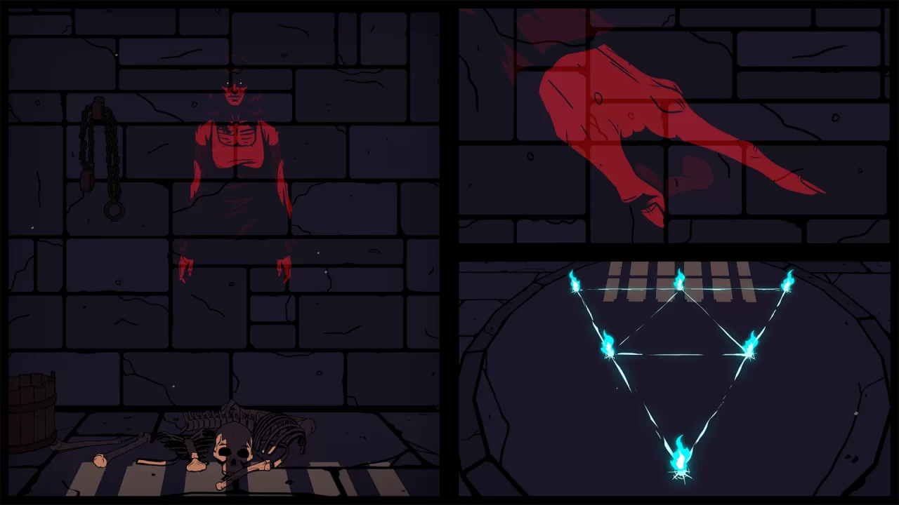 The Seance of Blake Manor screenshot of a red, ghostly woman pointing her finger a glowing blue sigil on the floor.