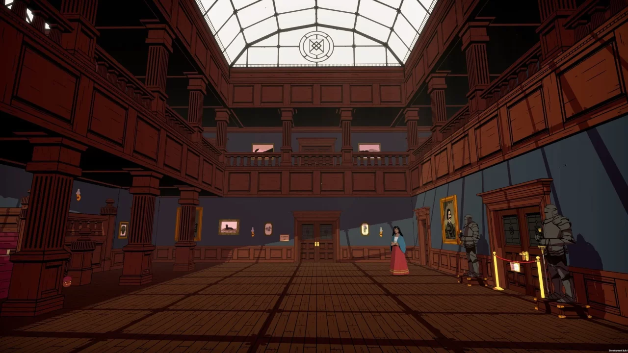 The Seance of Blake Manor screenshot of a large, open atrium, with wooden floors, a glass ceiling, artwork on the walls, and a woman wearing a shawl standing off to the right.