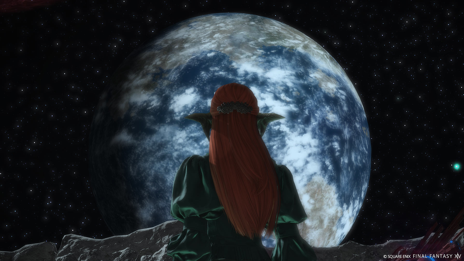 A red-haired woman looks at an Earth-like planet from the surface of the moon in Final Fantasy XIV Dawntrail.