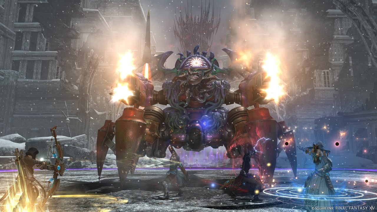 Fighting what appears to be an ahriman fused with a guard scorpion in FFXIV Dawntrail.