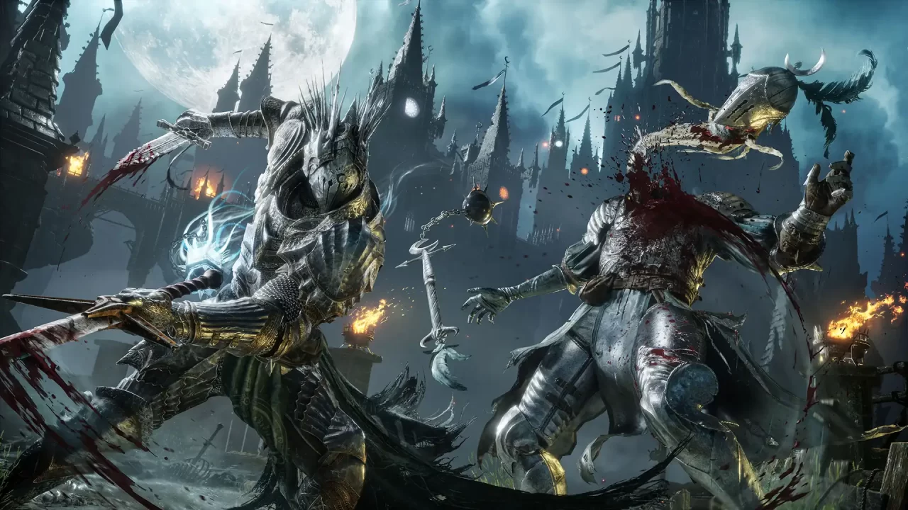 Lords of the Fallen II Screenshot of a player who decapitates an enemy in front of a dark castle