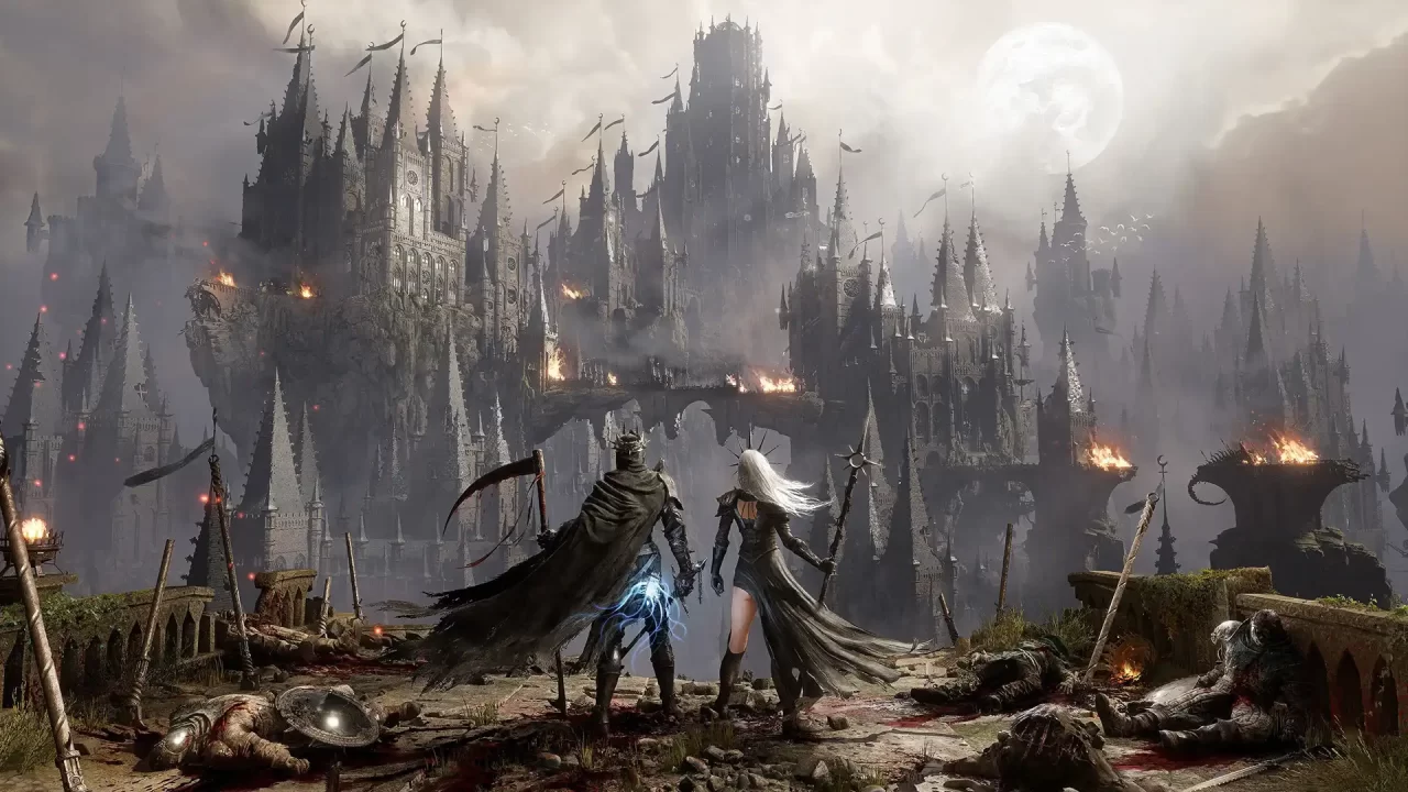 Lords of the Fallen II Screenshot of two armored players who stand before a massive burning gothic castle