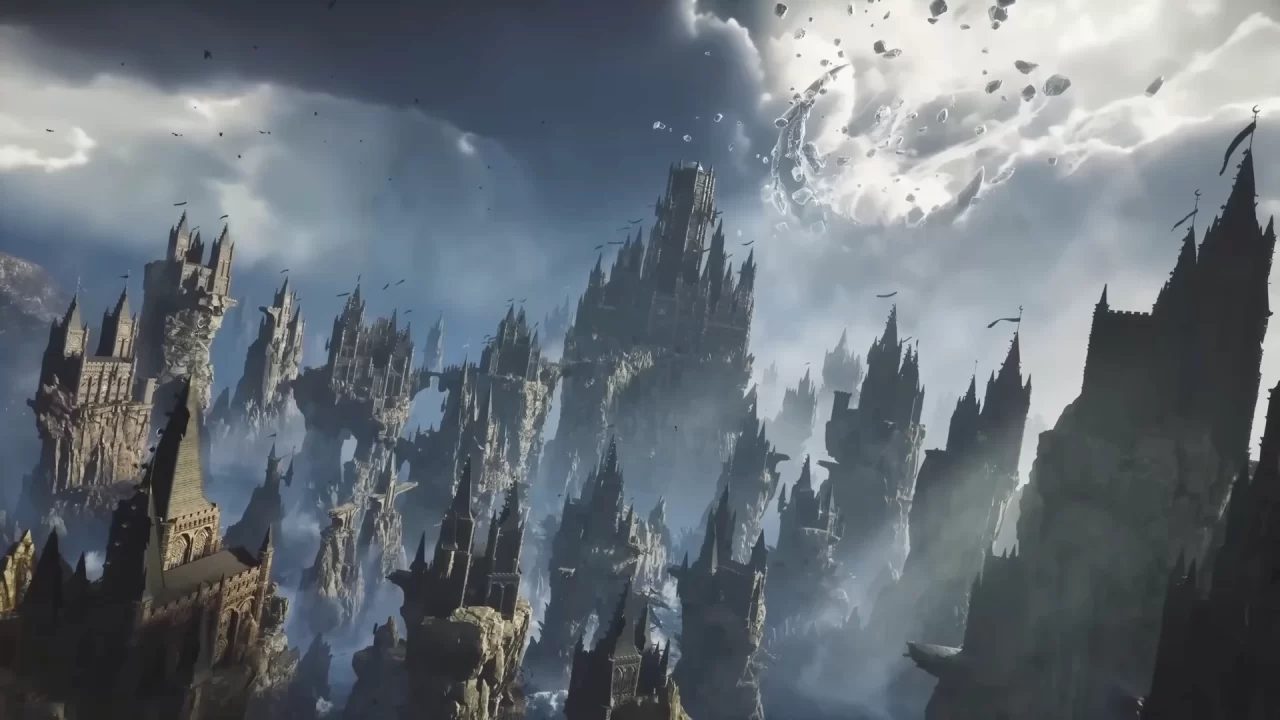 Lords of the Fallen II Screenshot of multiple jagged cliffs topped with dark and imposing castles