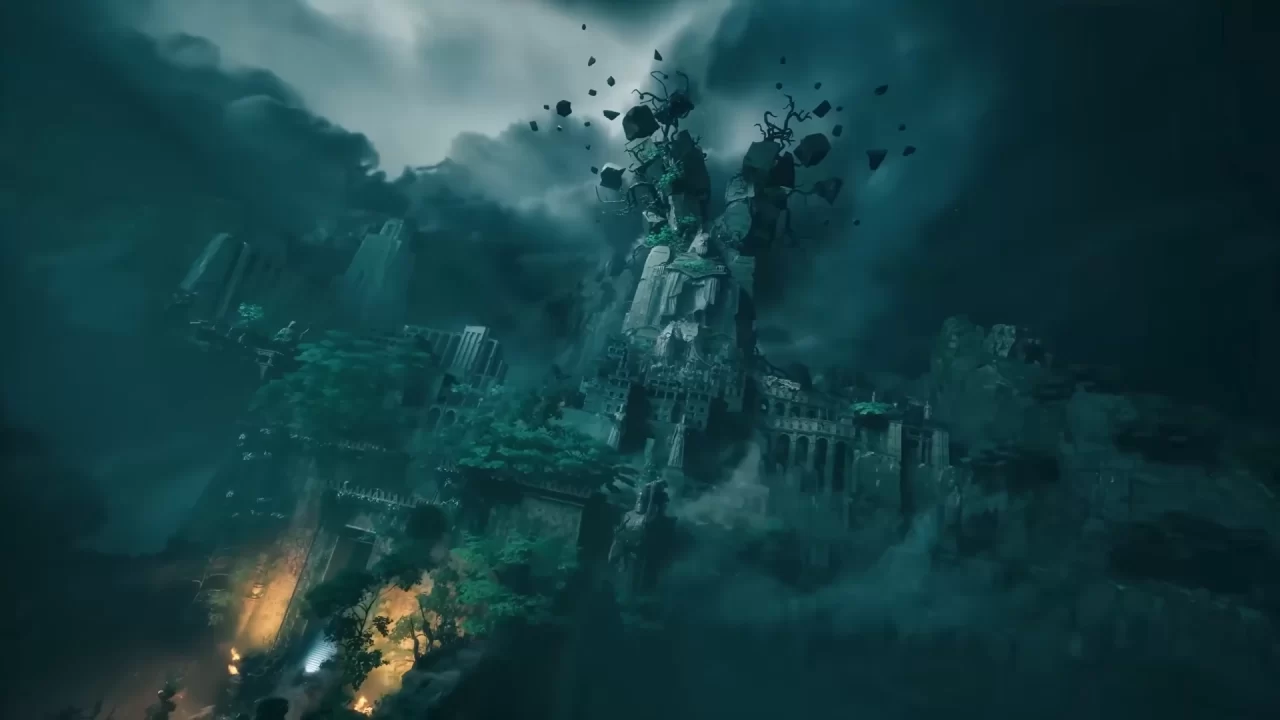 Lords of the Fallen II Screenshot of a ruined castle perched on a cliff, with parts of the structure floating into the sky