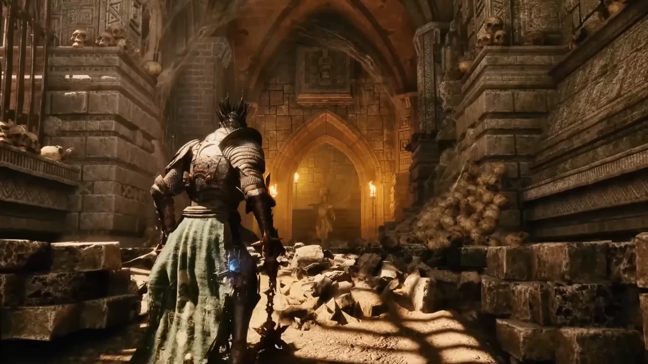 Lords of the Fallen II Screenshot of a player who stands in a corridor while a knight blocks the entrance ahead of him