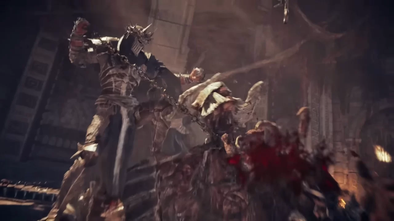 Lords of the Fallen II Screenshot of a knight who aggressively dismembers a large chained boss