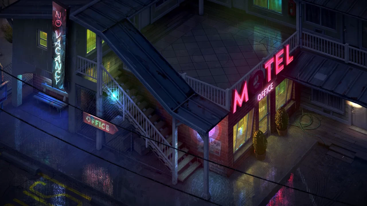 A glowy motel at night in Rue Valley.