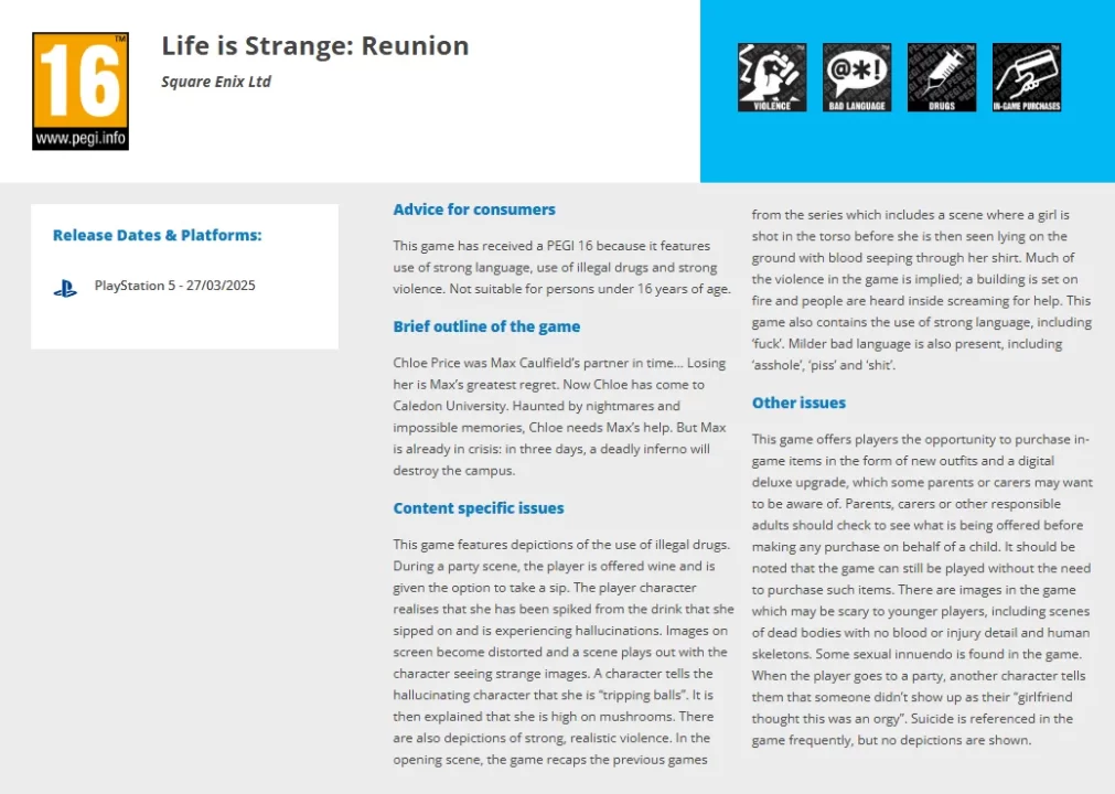 Life Is Strange: Reunion PEGI Information