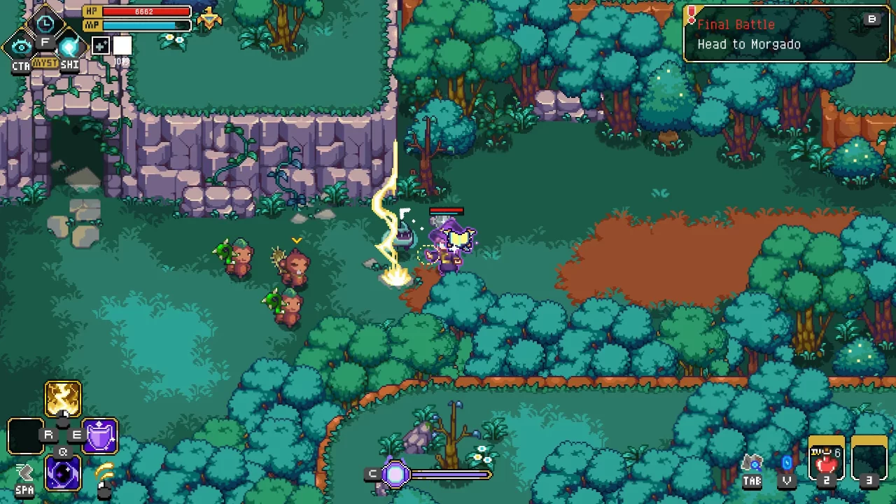 Philna Fantasy screenshot of a wizard with a spellbook casting lightning magic on monkeys and beasts in a forest.