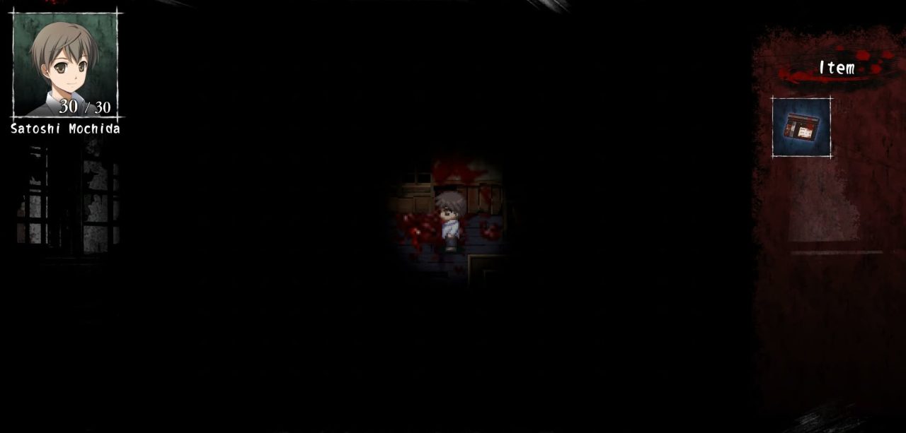 This image shows Satoshi Mochida from Corpse Party in a darkened hallway. In the hallway there appears to be blood and flesh spread around by an unknown person or persons.