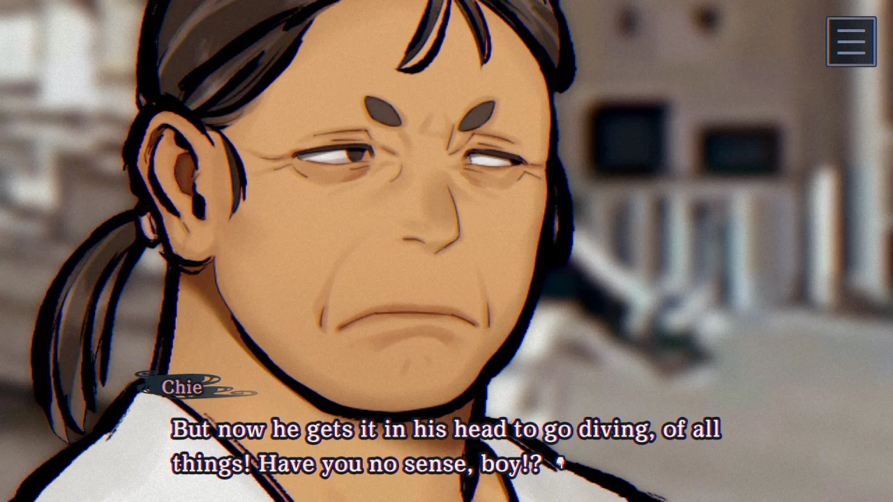 Paranormasight: The Mermaid's Curse screenshot featuring a grumpy citizen judging another character's decision to go diving.