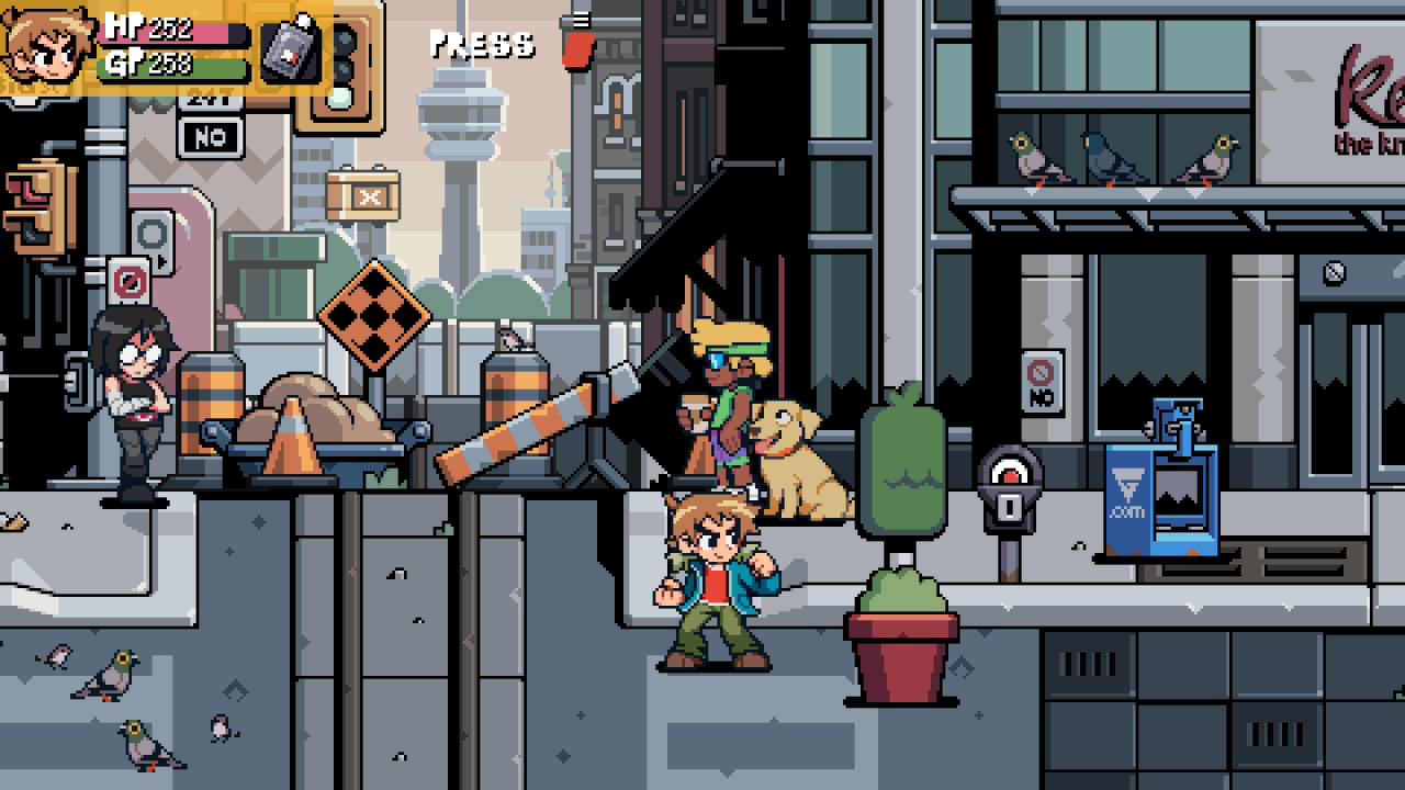 Toronto as depicted in Scott Pilgrim EX, with Scott slightly in the foreground navigating construction sites and pedestrians.  