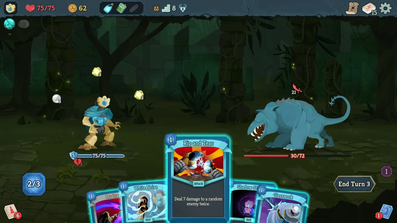 Choosing cards from a fanned out deck to battle a four-legged beast in Slay the Spire 2.