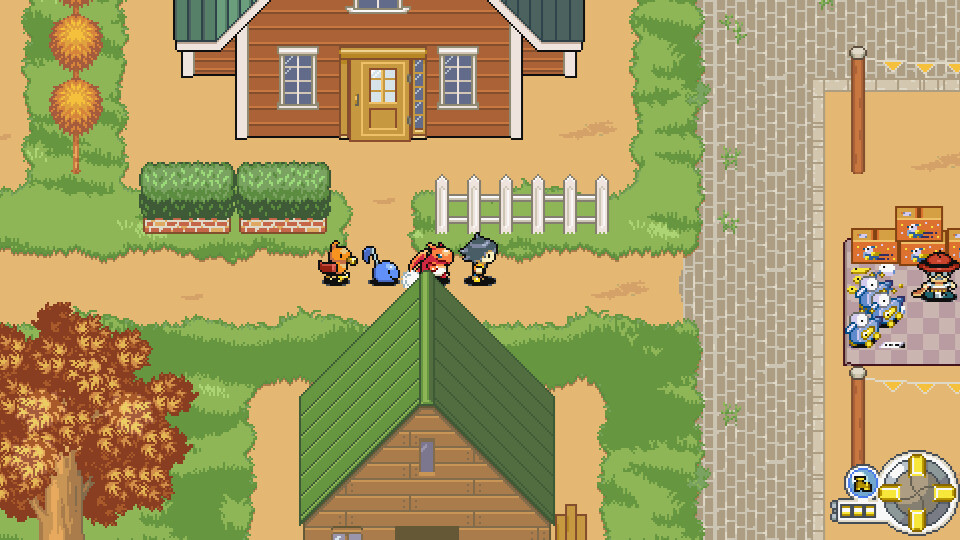 The player character and his team of creatures walk through a nostalgic, small town in Disc Creatures WORLD.
