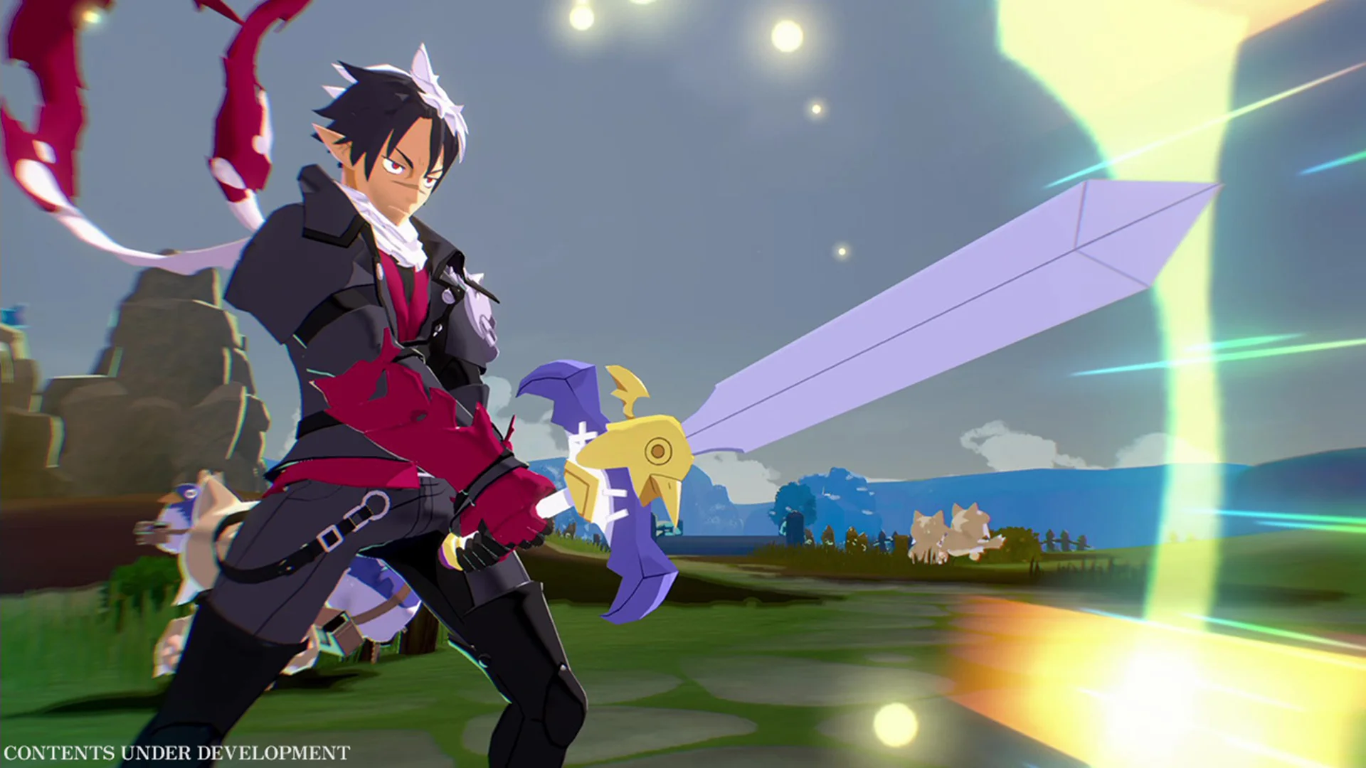 A rugged and serious swordsman with a silly Prinny-themed sword in Disgaea Mayhem
