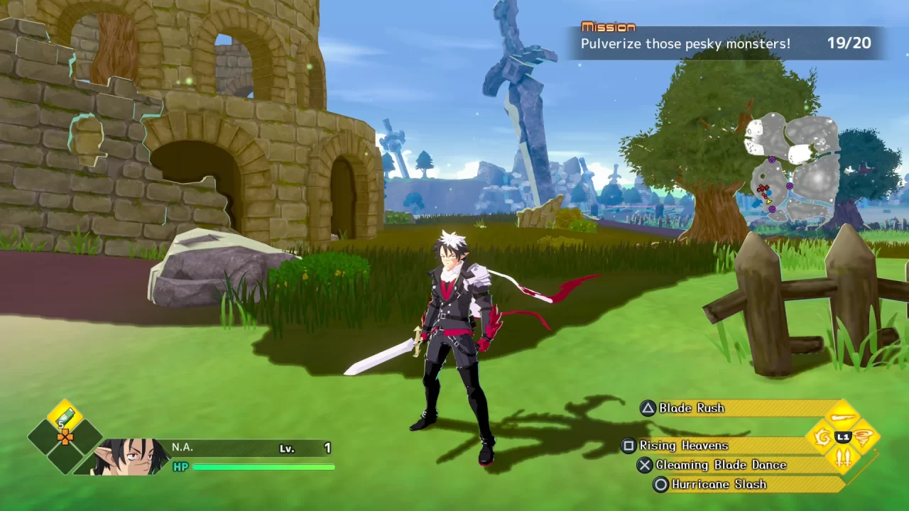 Protagonist NA in a grassy field near ruins in Disgaea Mayhem.