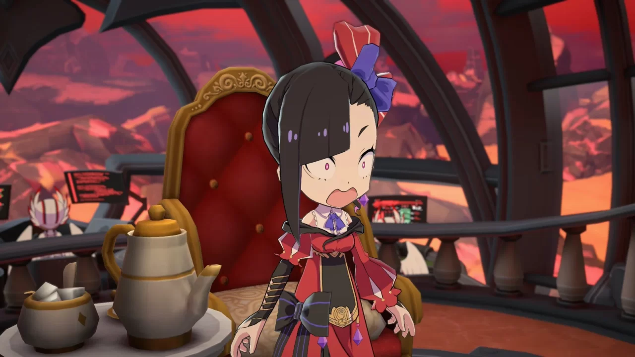 Etrange looks surprised as she stands on the bridge of an airship in Etrange Overlord.