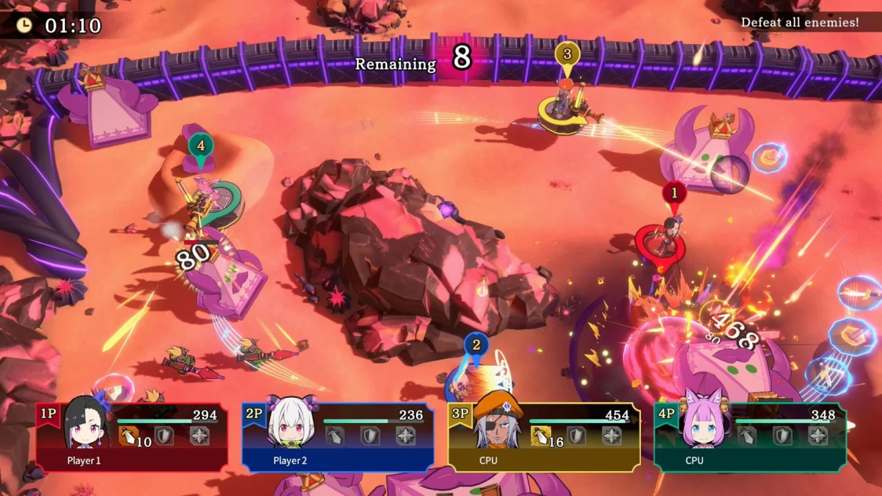 A battle screen from Etrange Overlord, featuring four characters and much action. 