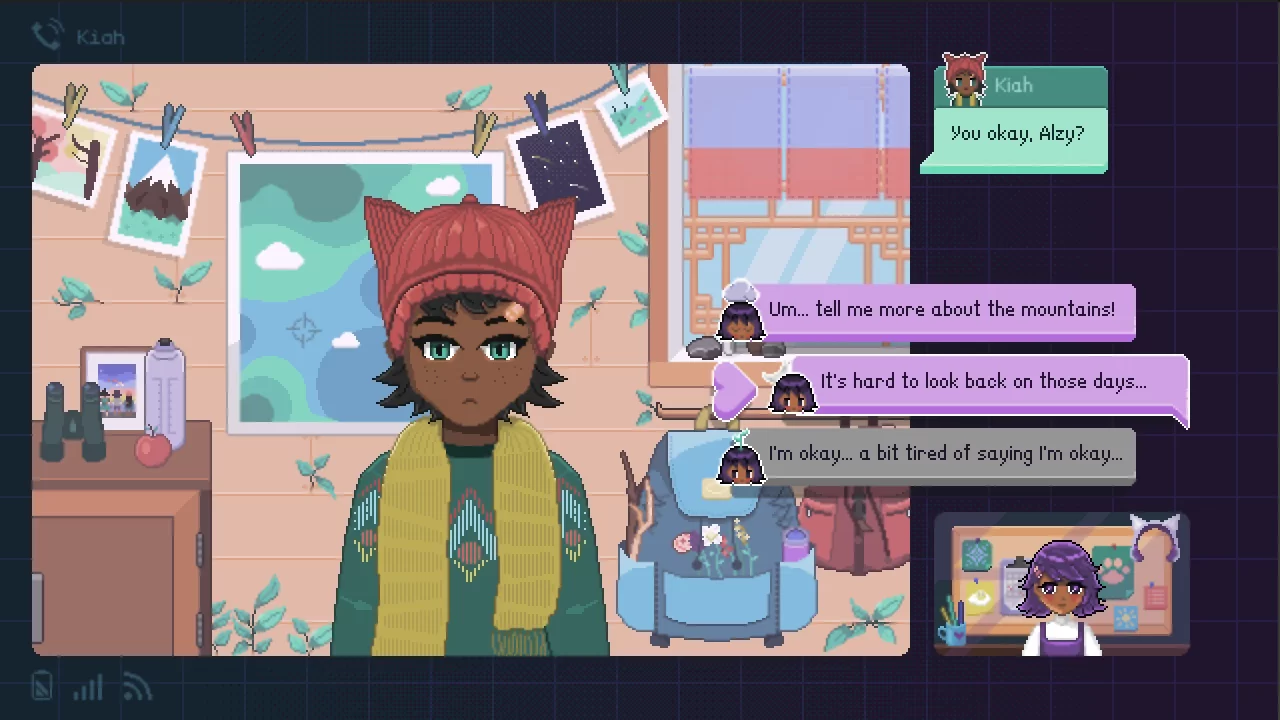 Alo chatting with Kiah, presented with dialogue options about how she's feeling, with an emotional range of options.