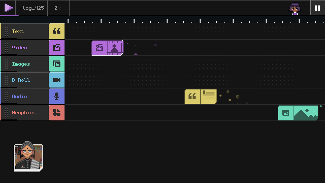 A color and symbol matching music minigame in Fishbowl that resembles a timeline-based video editing app.