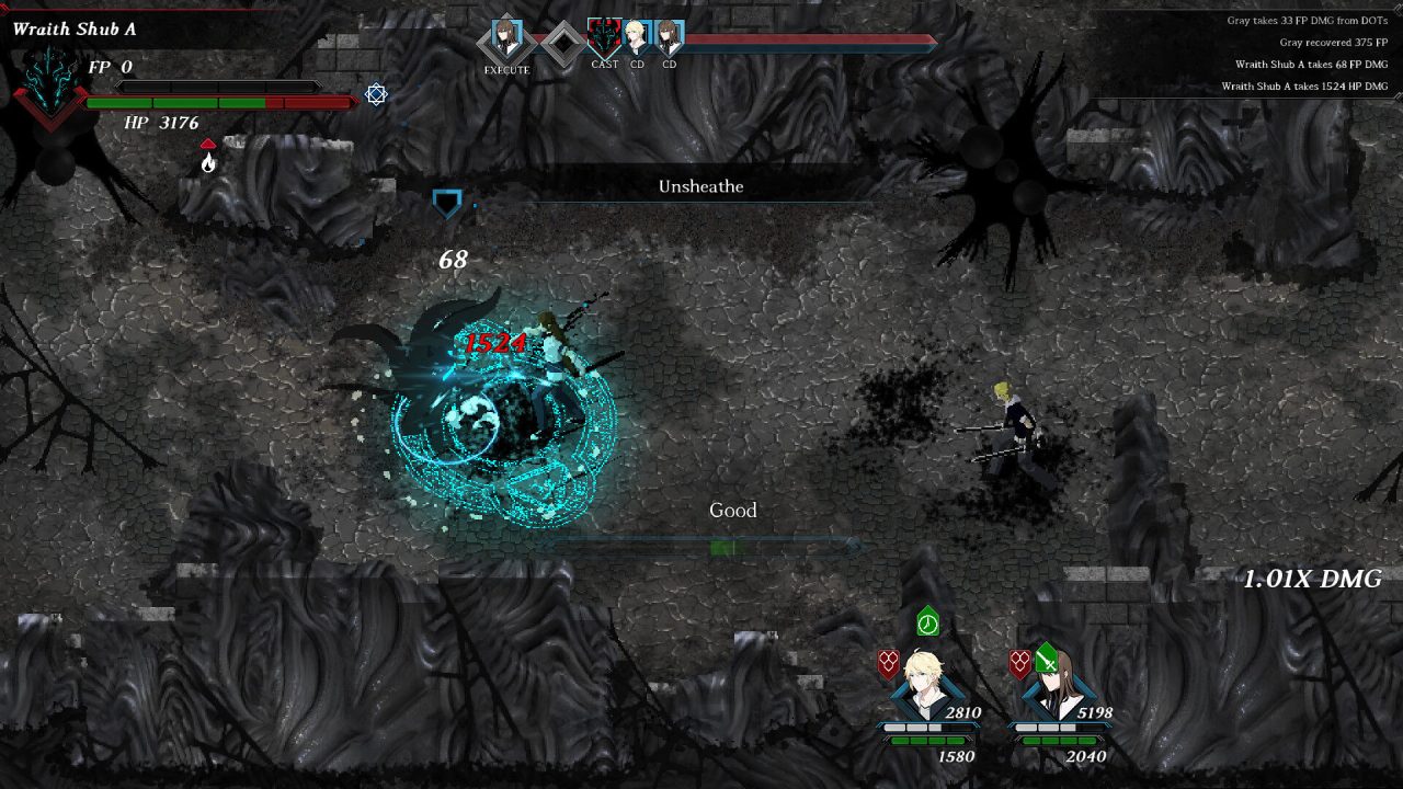 Character surrounded by glowing runes attacks an enemy in Granser.