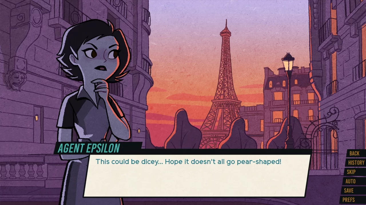 Agent Epsilon looks at the sunset-washed Eiffel Tower, hoping the upcoming mission goes well.