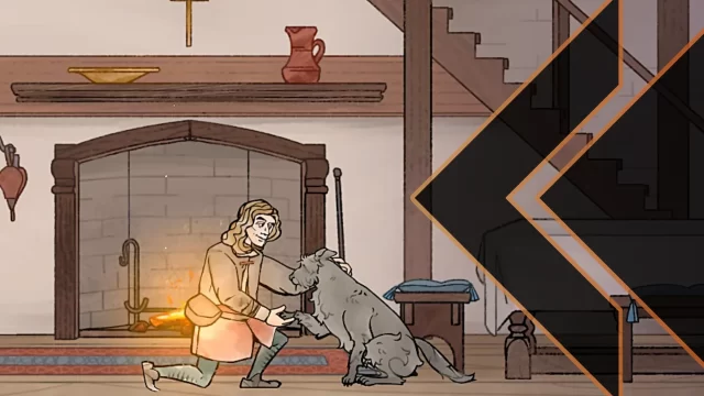 Retro Encounter 482 Pentiment artwork of Andreas and the abbot's dog, Mirabilis