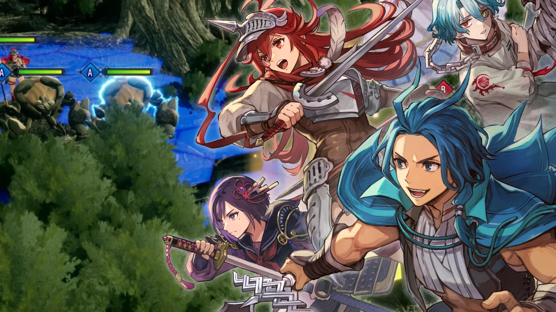 Brigandine Abyss character art over a hexagonal grid forest battle.