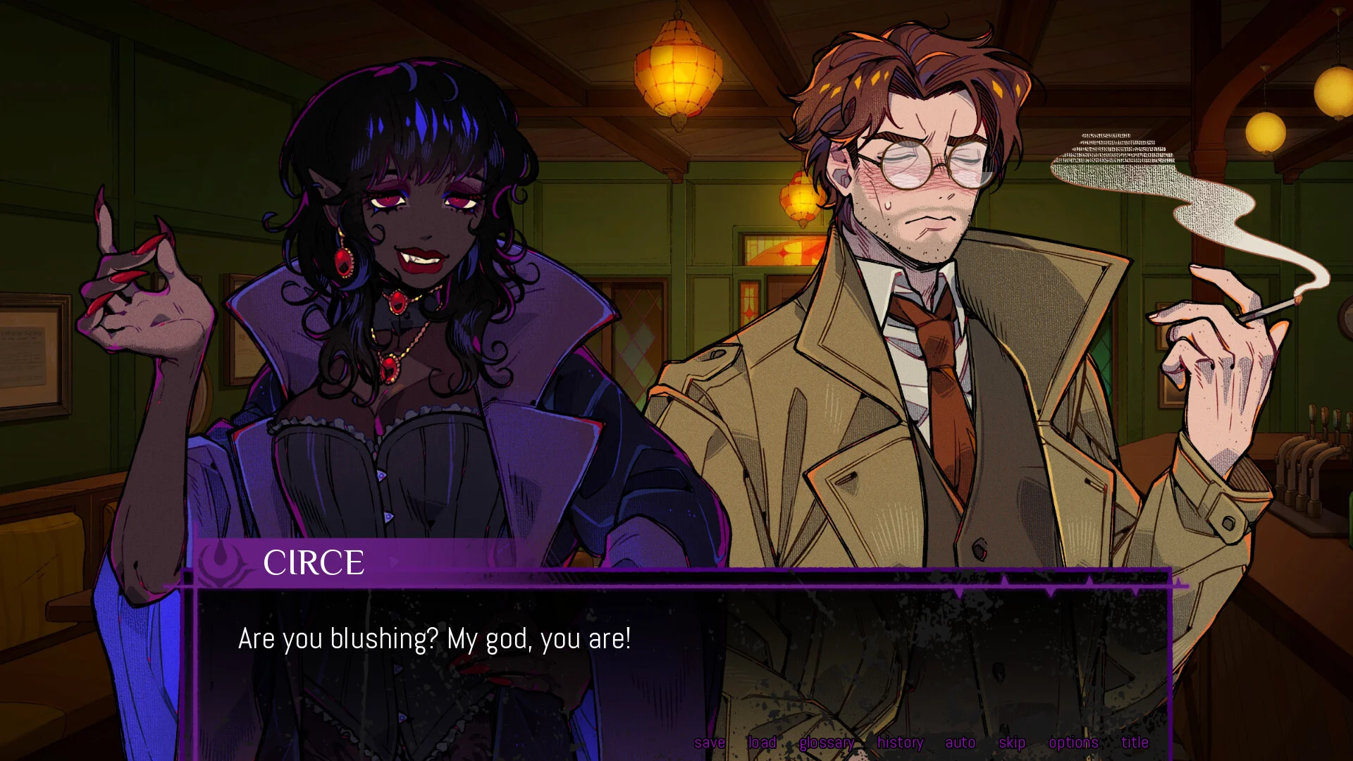 Burn the Midnight Oil screenshot. A female vampire in dark purple clothing is standing beside a human male detective. He is blushing.