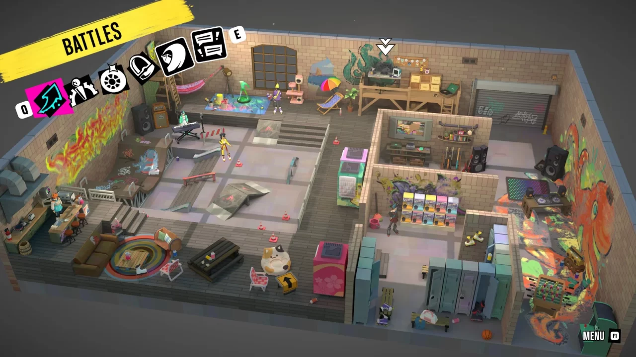 Your crew garage in Canvas City, with a kitchen, skate ramp, lockers, and other hangout spots.