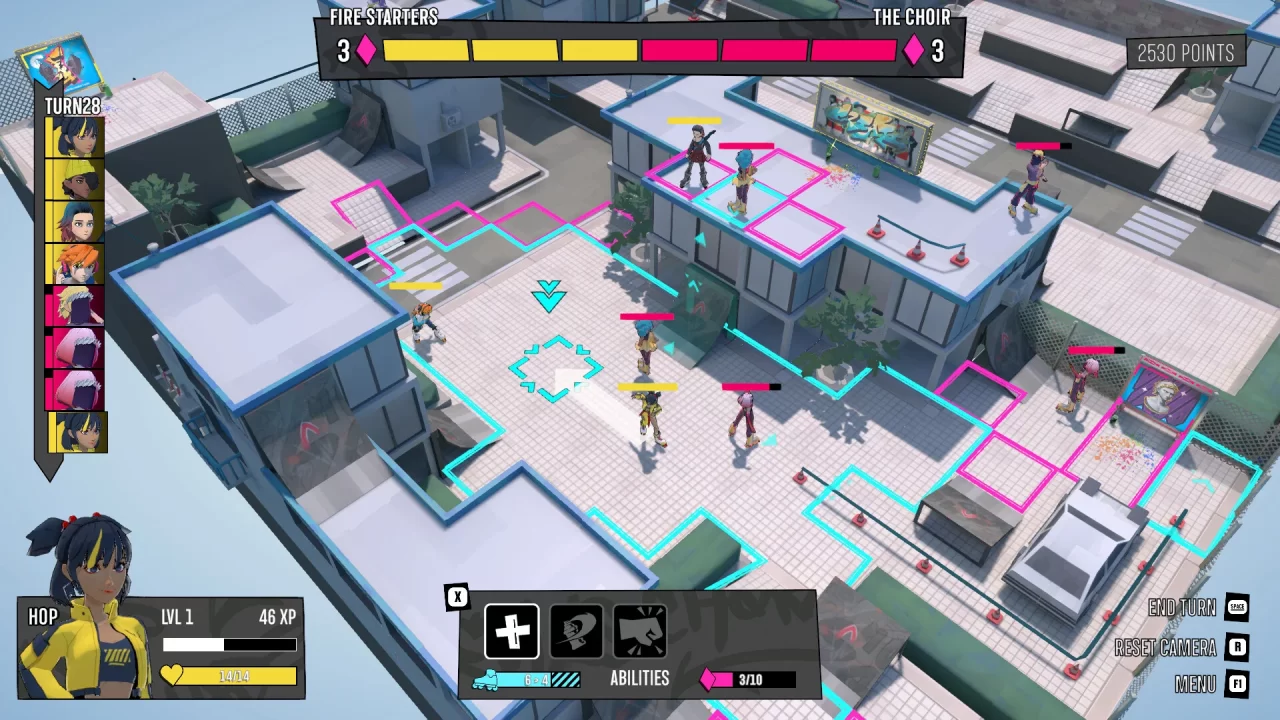 A grid-based battle on a city building rooftop in Canvas City.