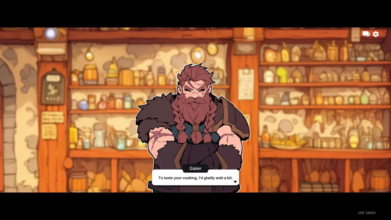 A gruff but happy dwarf commenting good food being worth the wait in Galvatein: Adventurers' Guild.