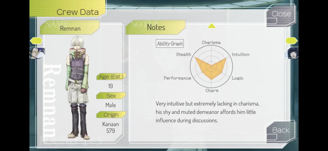 Gnosia's stats screen of character Remnan, showing stealth, charisma, intuition, logic, charm, and performance, as well as his basic details and personality.