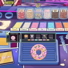 The donut-making interface in High Times with a full lineup of flavored glazes, toppings, and other tools.