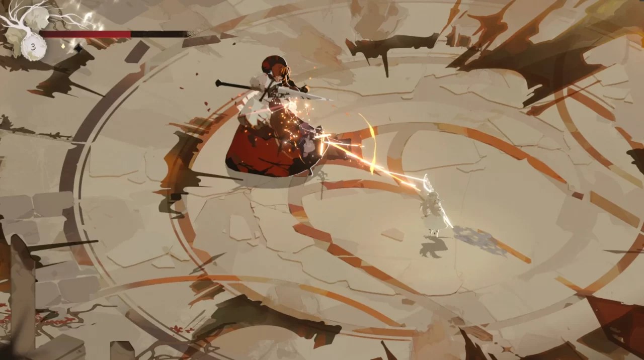 Battling a large woman with a large sword in a circular arena of shattered stone in Lunarium.