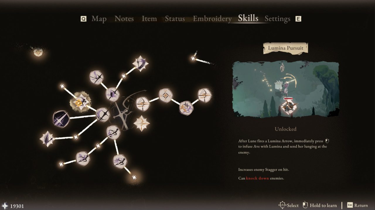 The skill tree for both Ave and Lune in Lunarium.