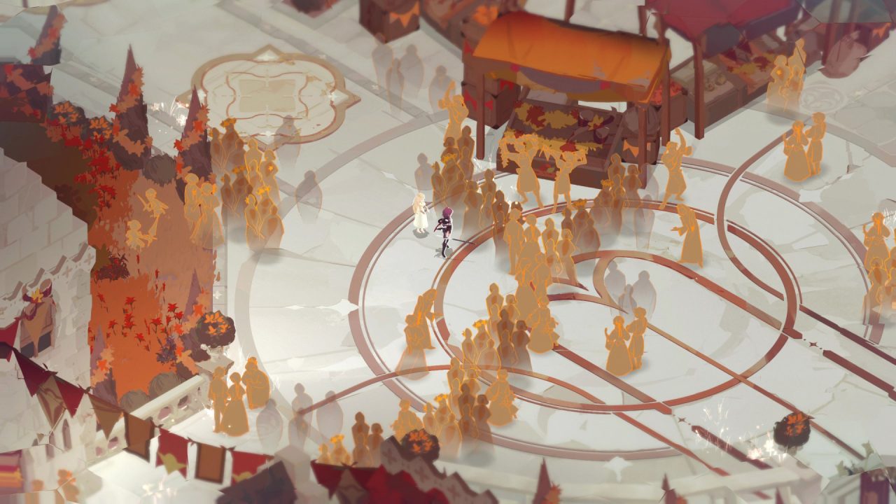 Ave and Lune travel to a bustling city square in Lunarium.